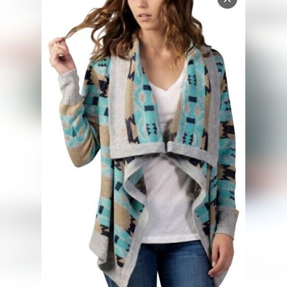 B Sharp Assymetrical Waterfall Drape Front Aztec Print Mohair Blend Cardigan - Picture 13 of 13